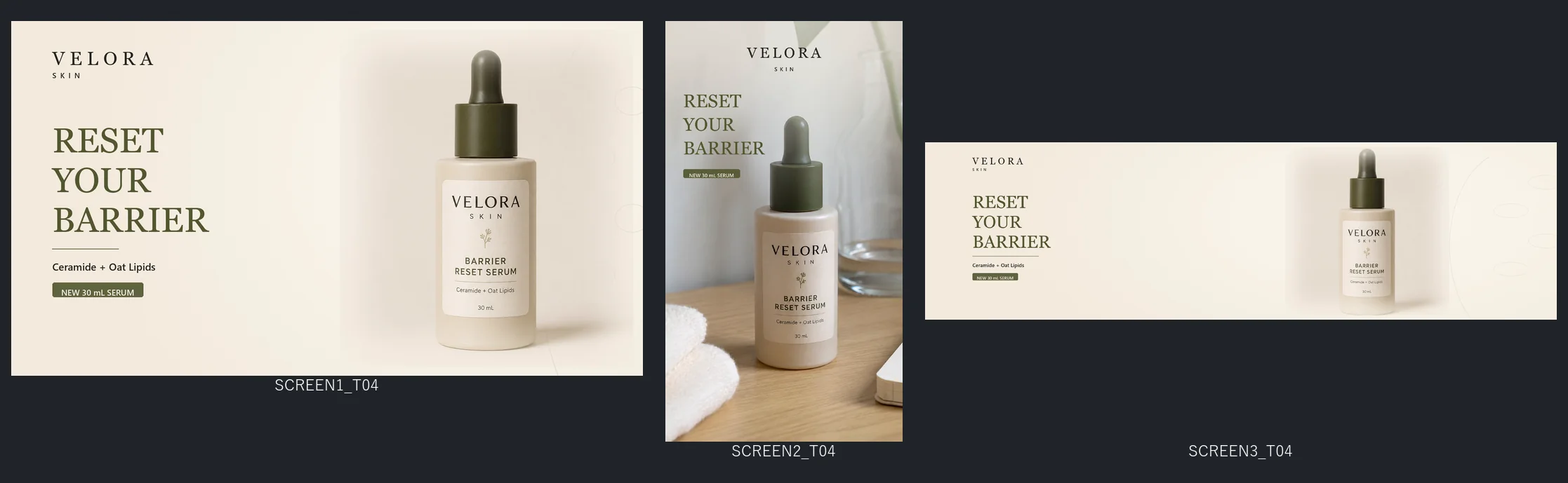 Three approved skincare product compositions shown together in landscape, portrait and ultra-wide formats