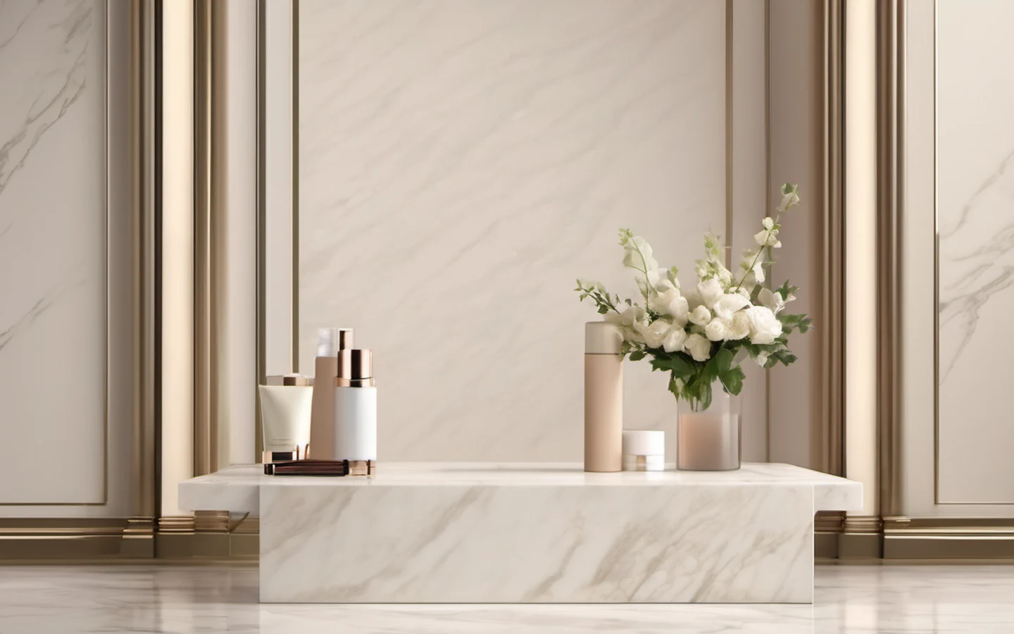 Wide product arrangement with cosmetics and flowers on a marble plinth