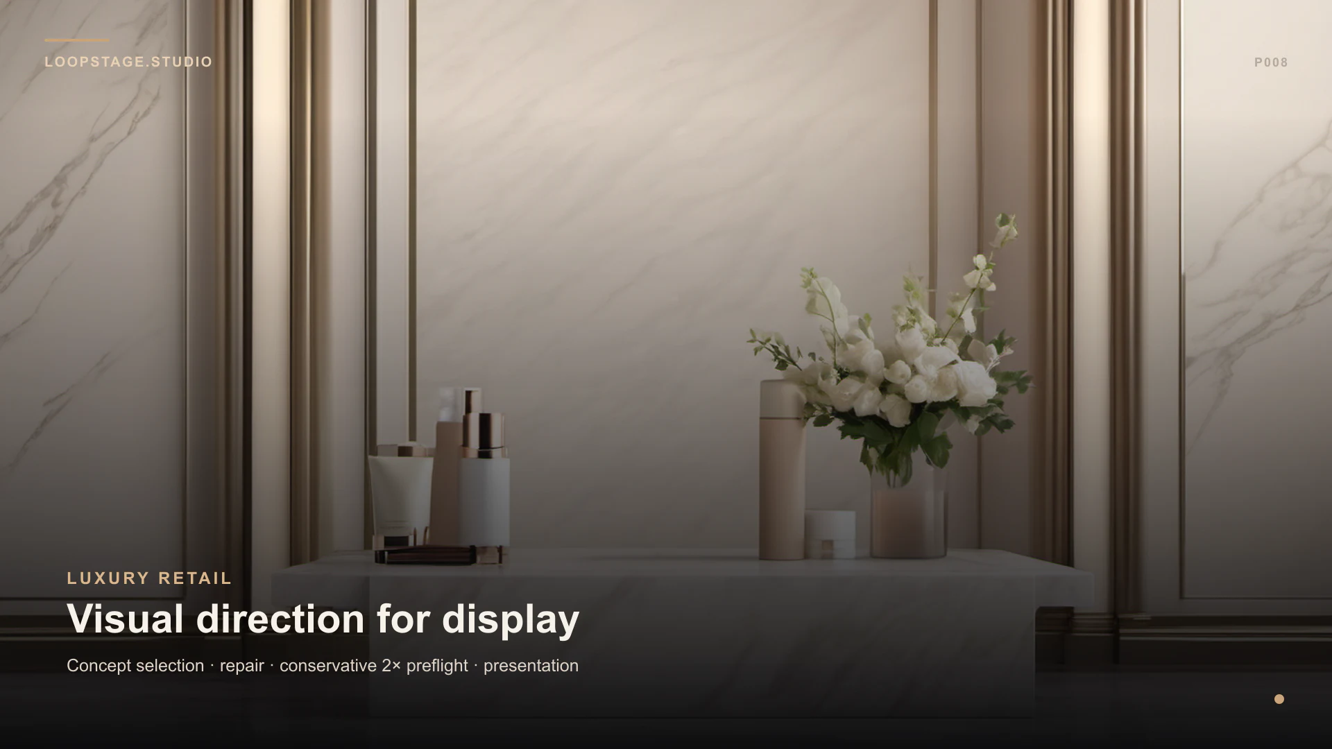 Luxury skincare products arranged on a pale marble retail display in a warm premium interior