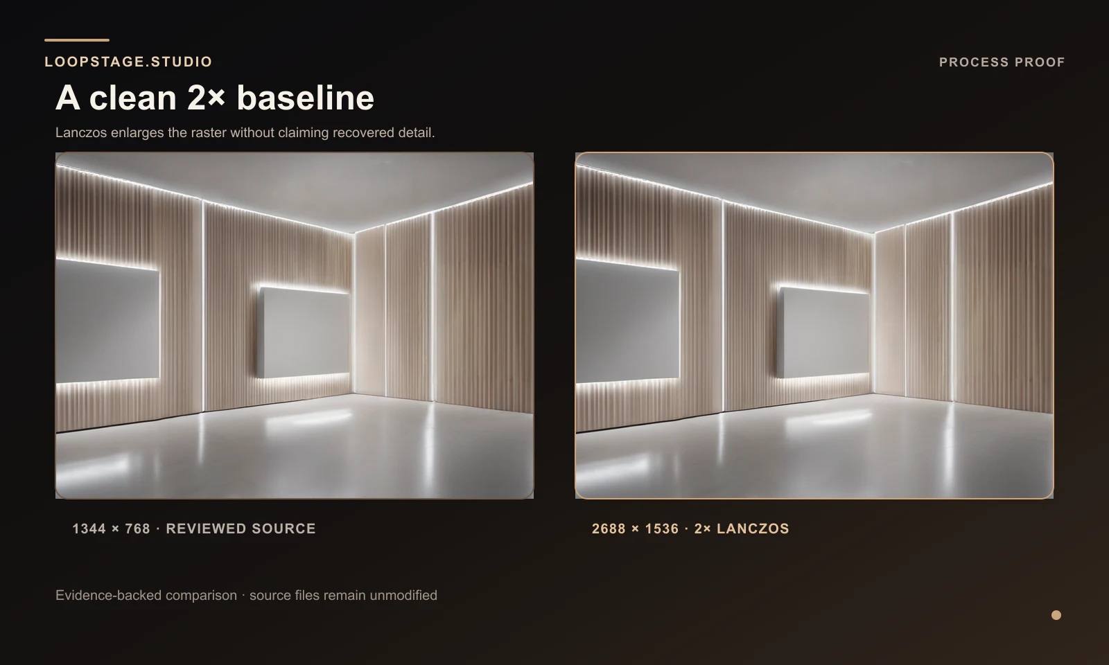 Side-by-side source and two-times Lanczos upscale proof with exact dimensions
